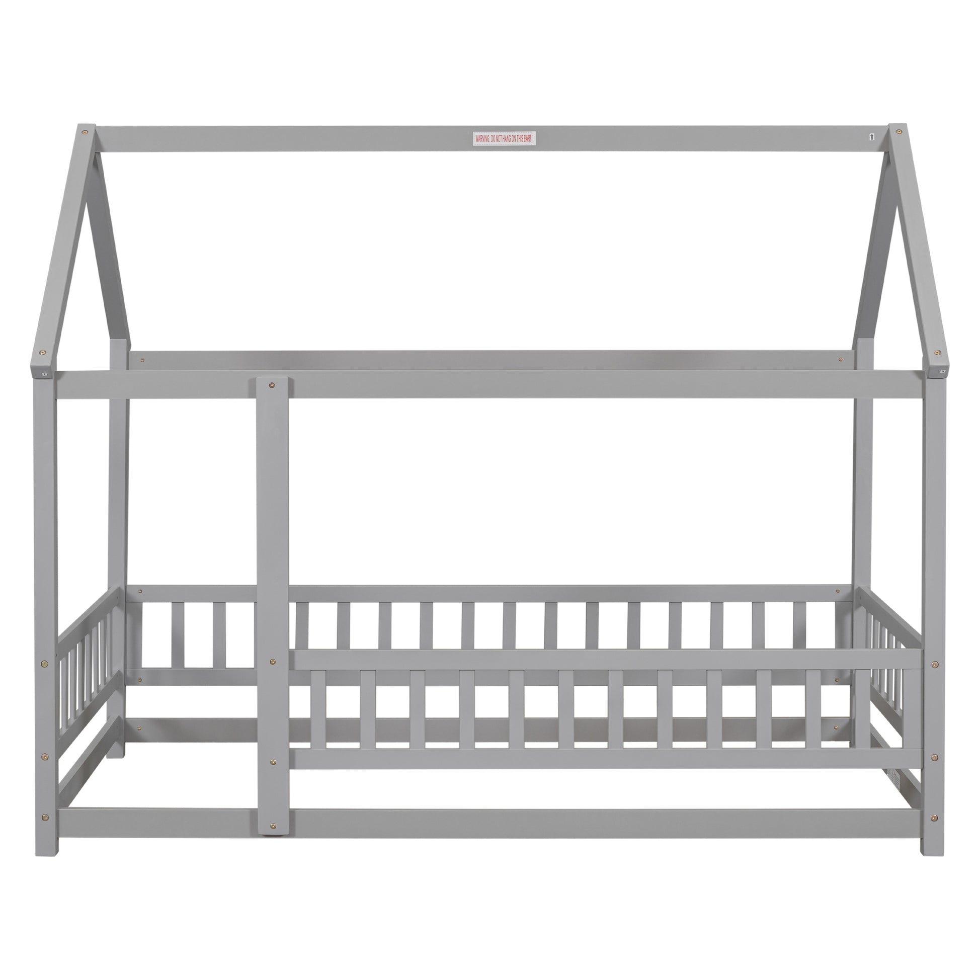 Twin Size Floor Wooden Bed With House Roof Frame, Fence Guardrails,Grey Old Sku:W1791106614 Twin Grey Pine