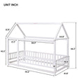 Twin Size Floor Wooden Bed With House Roof Frame, Fence Guardrails,White Old Sku:W1791106615 Twin White Pine