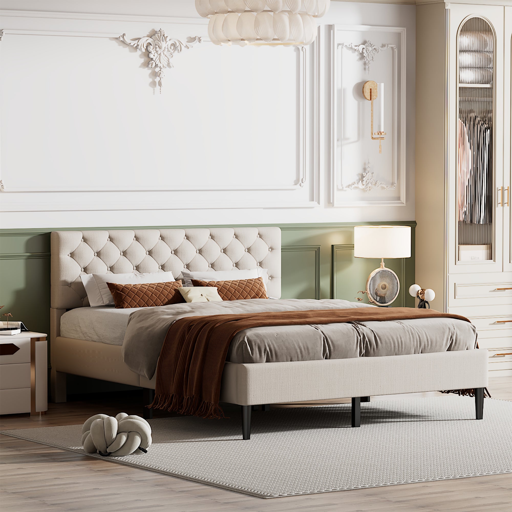 Upholstered Linen Platform Bed, Queen Size, Beige Beige Linen