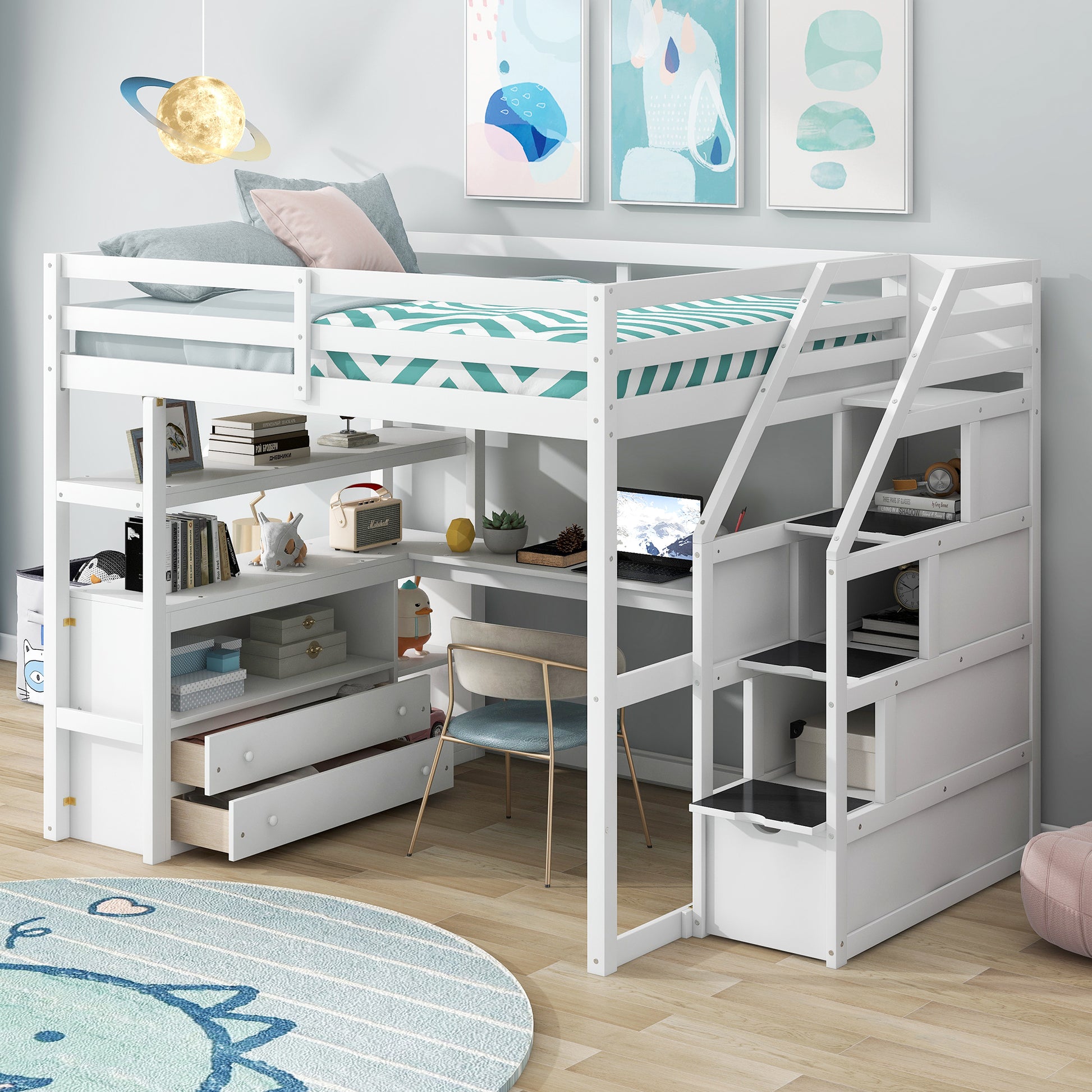 Full Size Loft Bed With Desk And Shelves, Two Built In Drawers, Storage Staircase, White White Pine