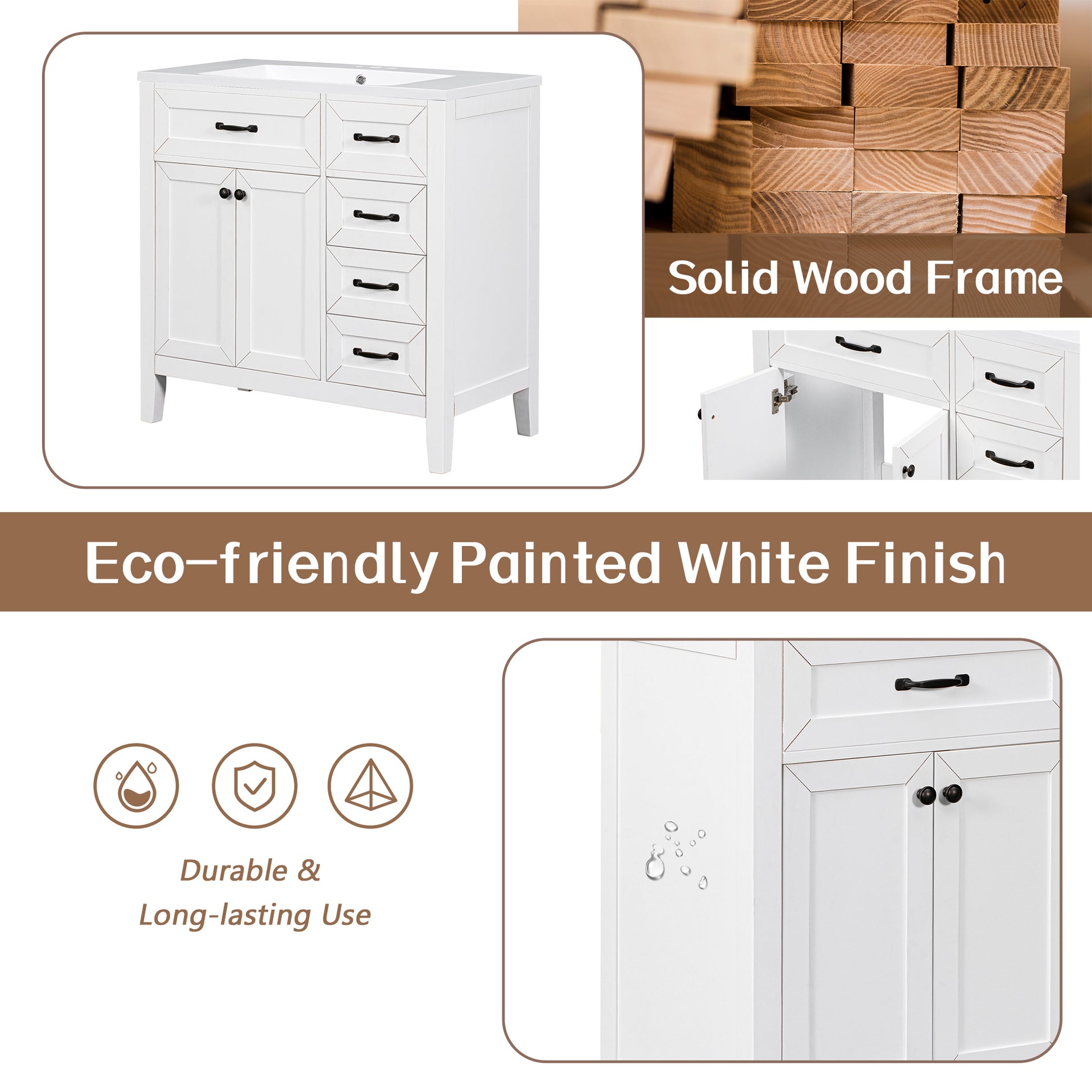 36" Bathroom Vanity Without Sink, Cabinet Base Only, Bathroom Cabinet With Drawers, Solid Frame And Mdf Board, White White Solid Wood Mdf