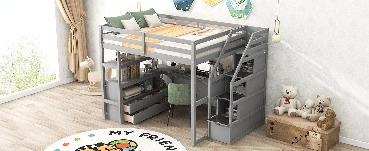 Full Size Loft Bed With Desk And Shelves, Two Built In Drawers, Storage Staircase, Gray Gray Pine