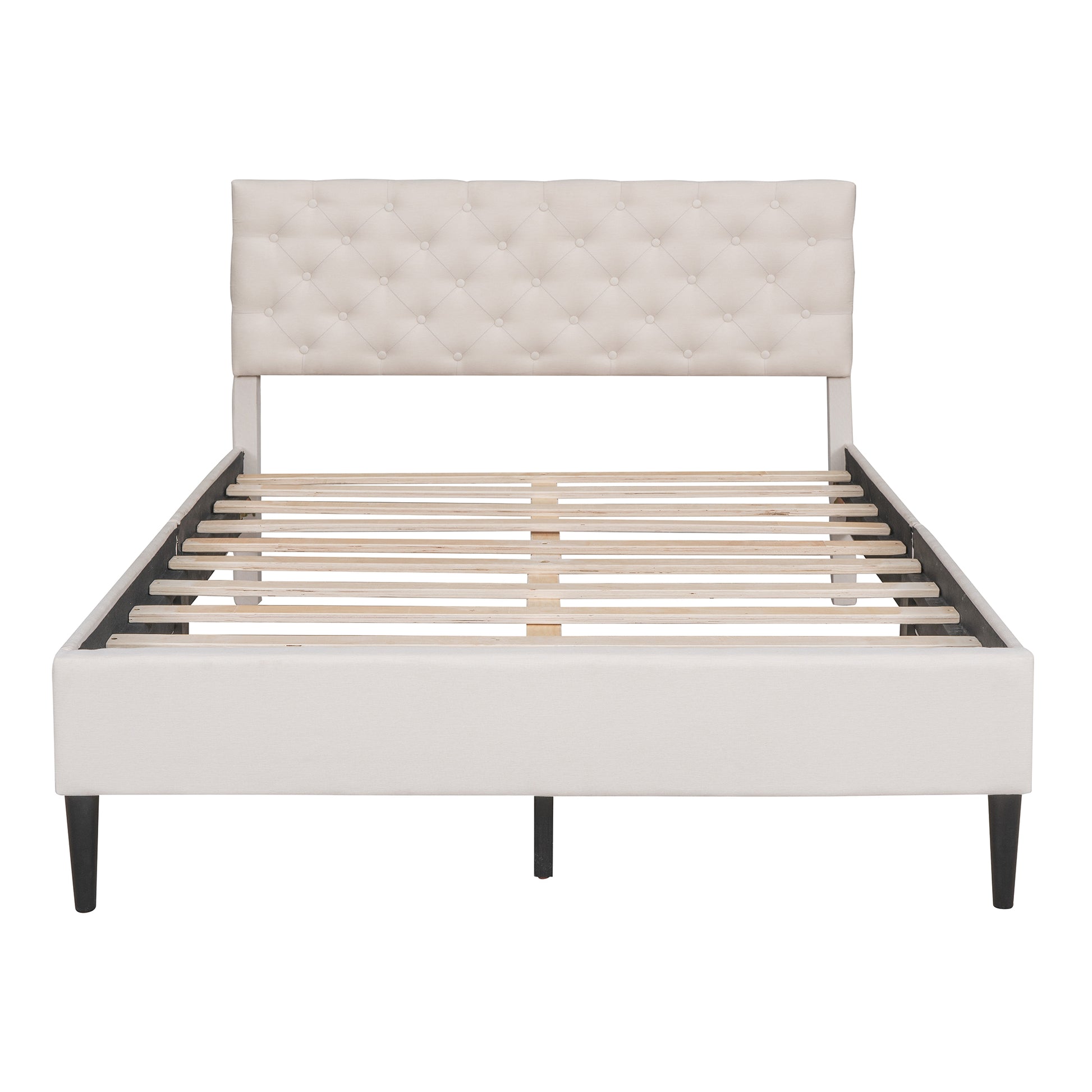 Upholstered Linen Platform Bed, Full Size, Beige Beige Linen