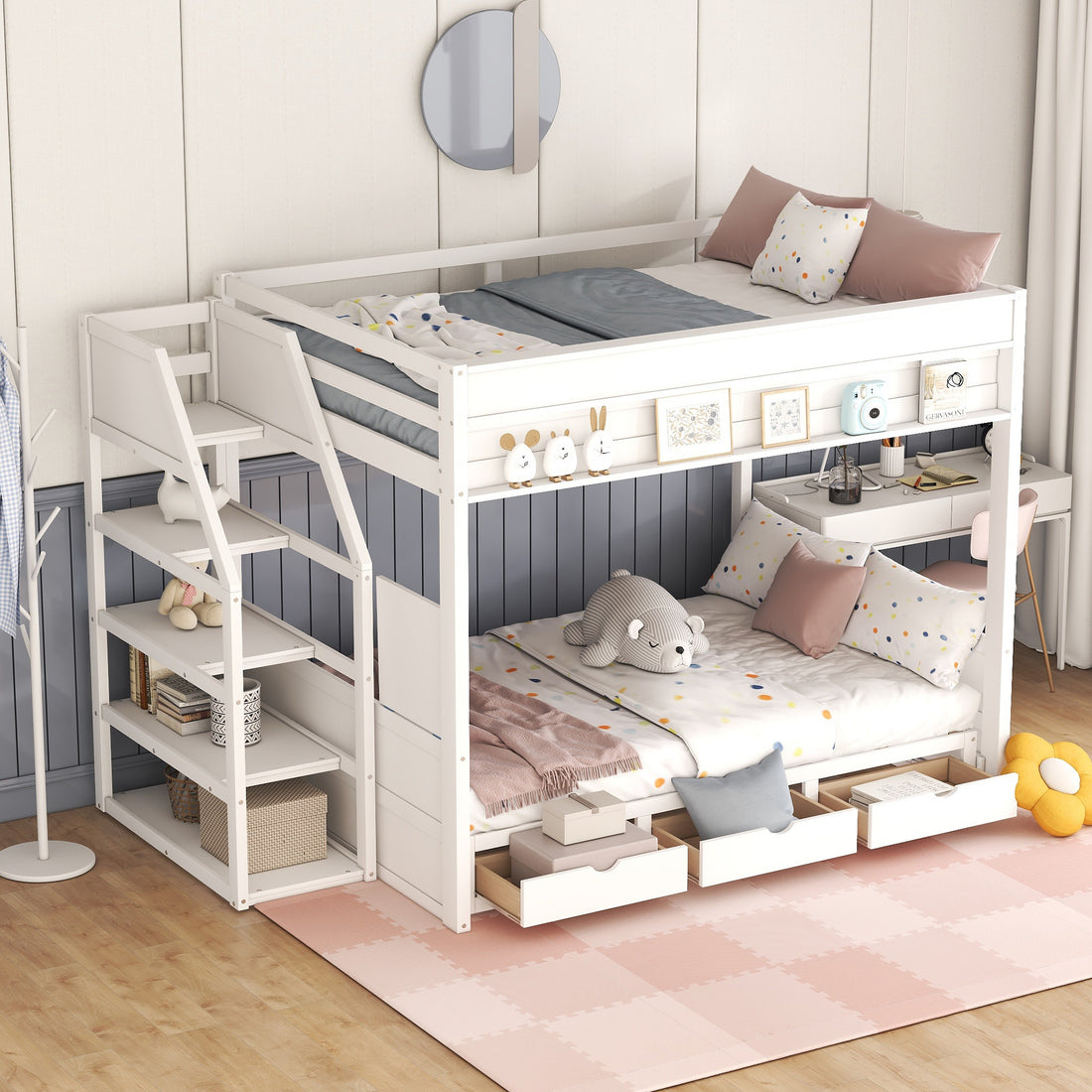 Wood Full Size Convertible Bunk Bed With Storage Staircase, Bedside Table, And 3 Drawers, White White Solid Wood Mdf