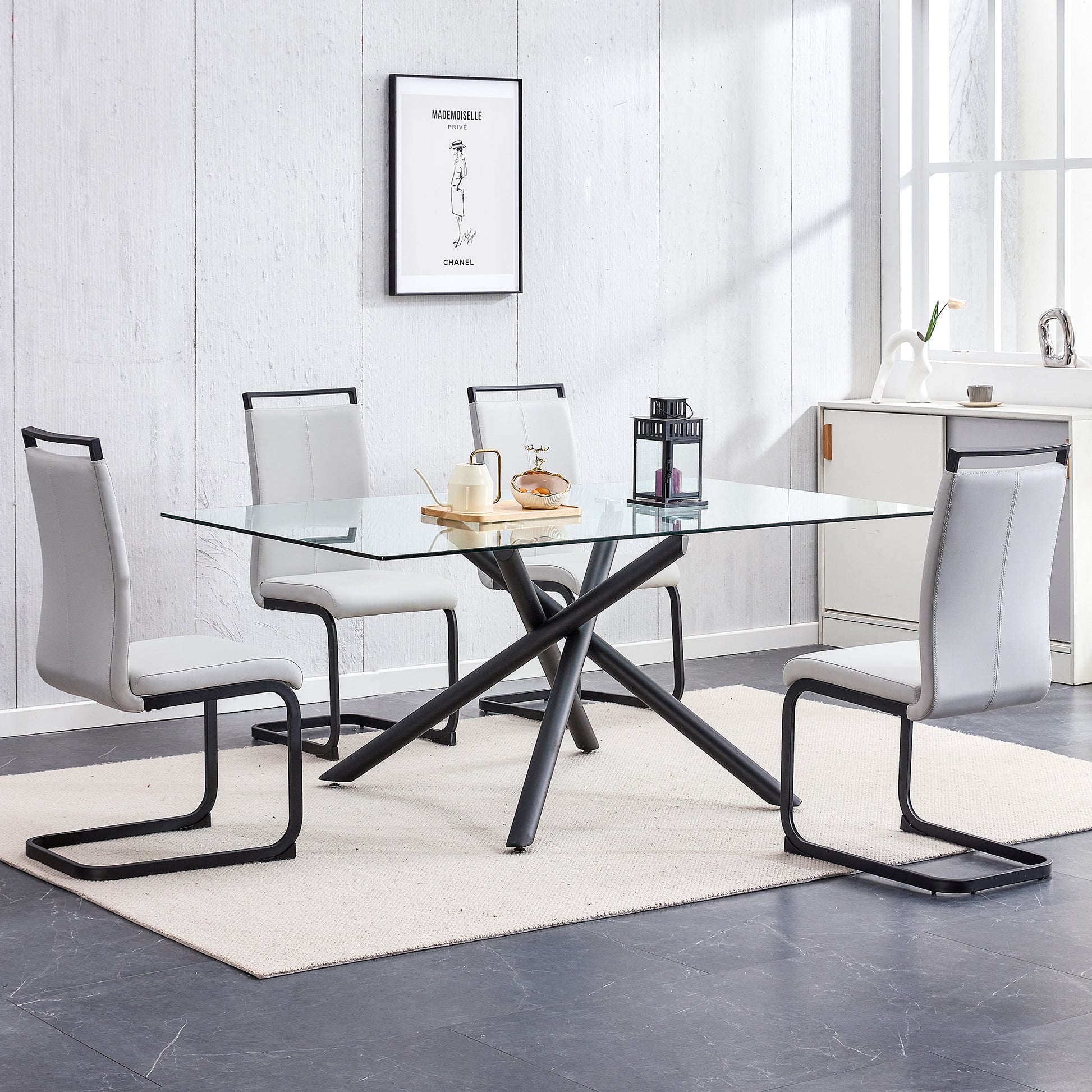 Large Modern Minimalist Rectangular Glass Dining Table For 6 8 With 0.39" Tempered Glass Tabletop And Black Color Metal Legs, For Kitchen Dining Living Meeting Room Banquet Hall,71" W X 39" D X 301537 Black Glass