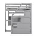 Full Size Loft Bed With Desk And Shelves, Two Built In Drawers, Storage Staircase, Gray Gray Pine