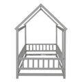 Twin Size Floor Wooden Bed With House Roof Frame, Fence Guardrails,Grey Old Sku:W1791106614 Twin Grey Pine