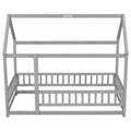 Twin Size Floor Wooden Bed With House Roof Frame, Fence Guardrails,Grey Old Sku:W1791106614 Twin Grey Pine