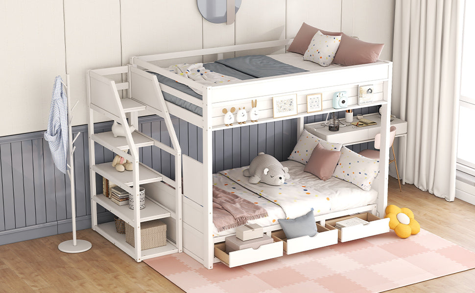 Wood Full Size Convertible Bunk Bed With Storage Staircase, Bedside Table, And 3 Drawers, White White Solid Wood Mdf