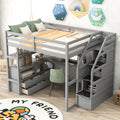 Full Size Loft Bed With Desk And Shelves, Two Built In Drawers, Storage Staircase, Gray Gray Pine