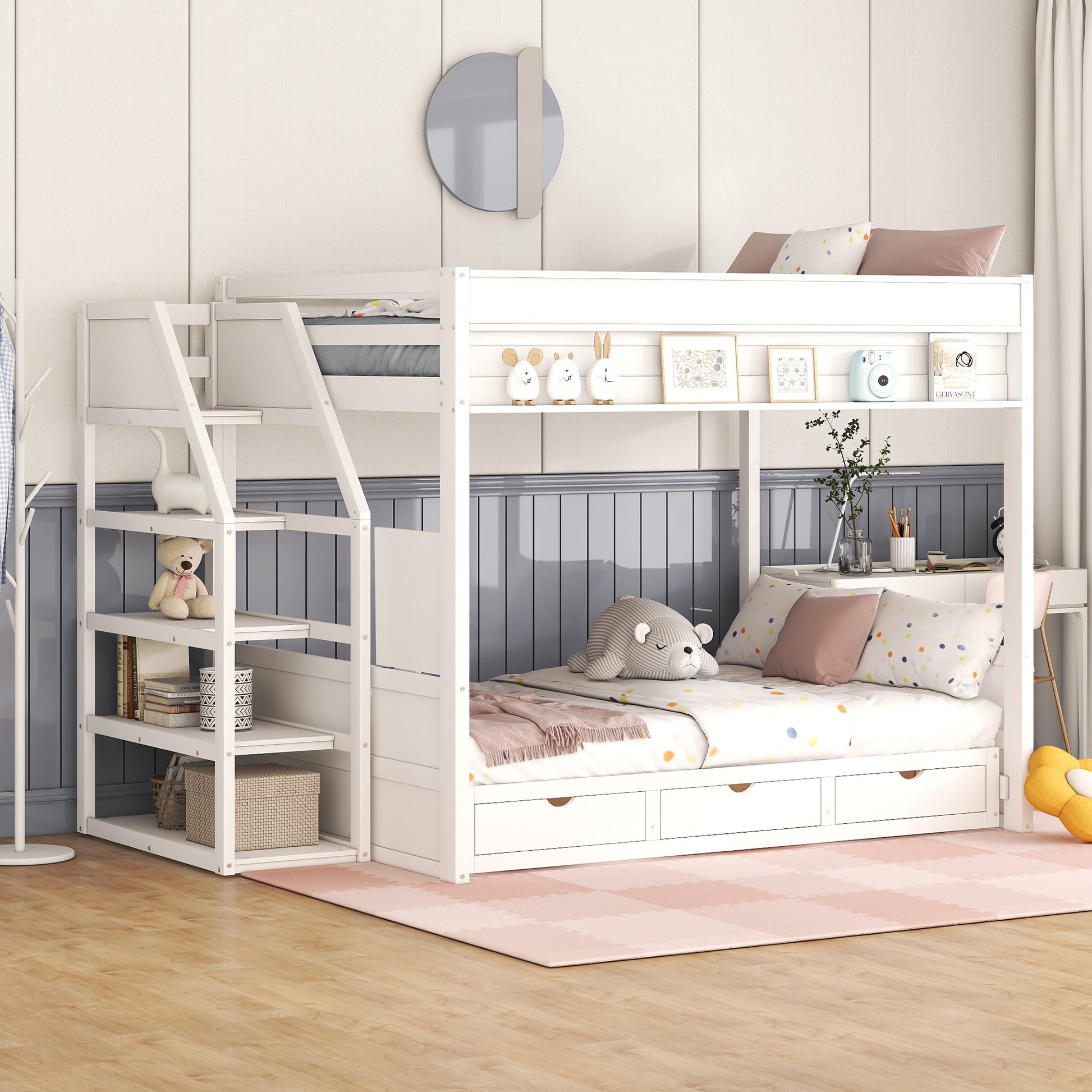 Wood Full Size Convertible Bunk Bed With Storage Staircase, Bedside Table, And 3 Drawers, White White Solid Wood Mdf