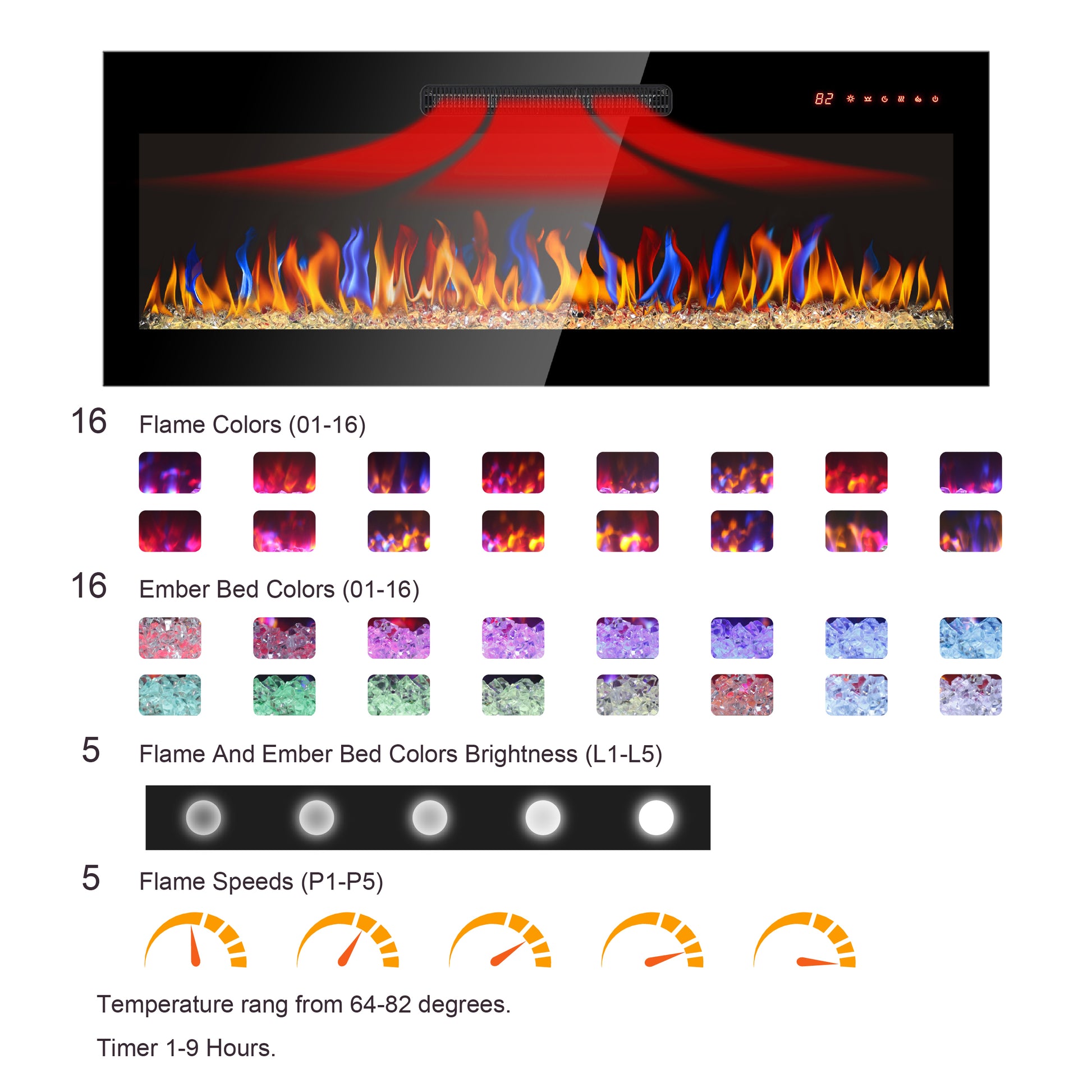60 Inch Recessed Ultra Thin Tempered Glass Front Wall Mounted Electric Fireplace With Remote And Multi Color Flame & Emberbed, Led Light Heater Powder Coated Electric Antique Black Vent Free Yes Tempered Glass Sheet Metal Plastic Electric