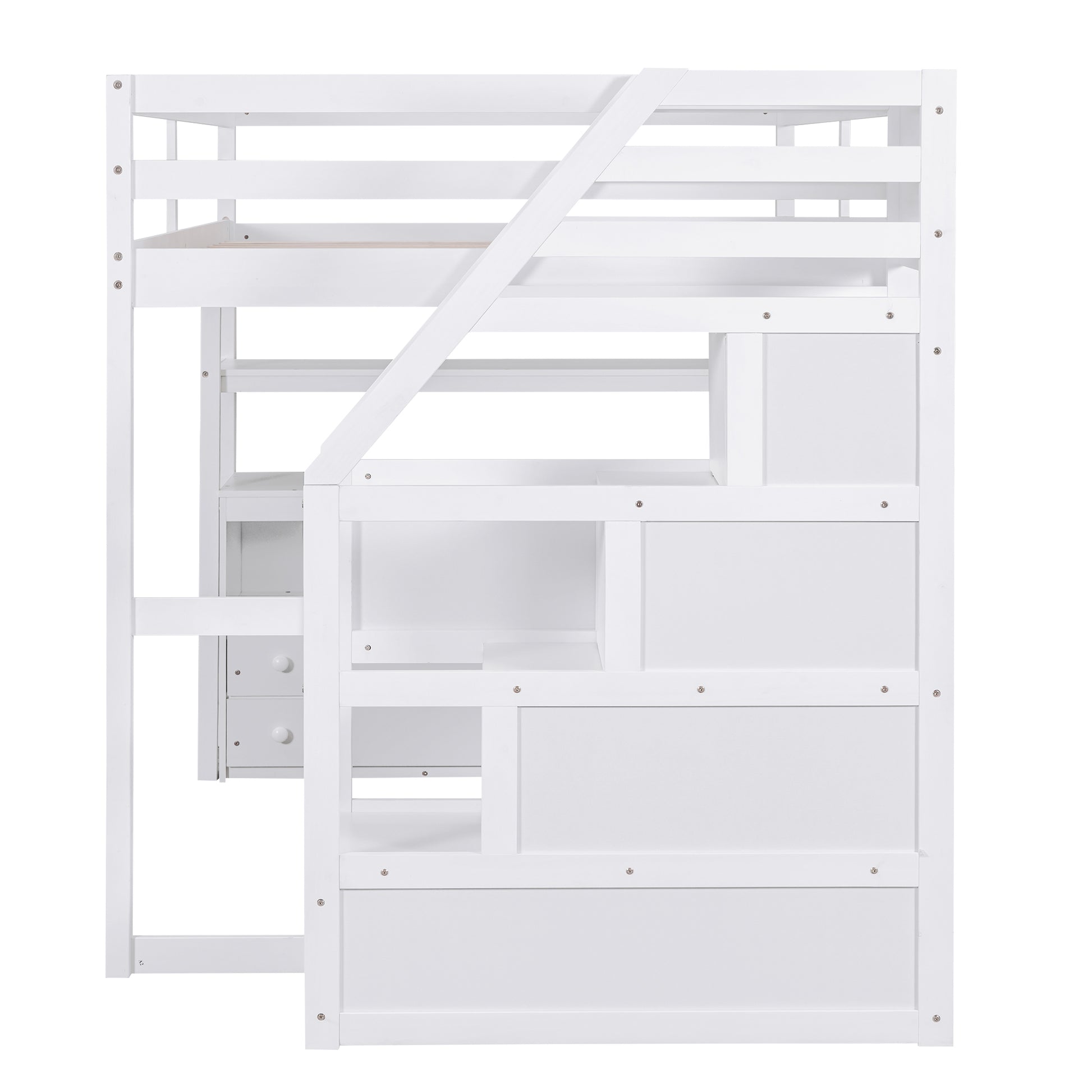 Full Size Loft Bed With Desk And Shelves, Two Built In Drawers, Storage Staircase, White White Pine