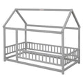 Twin Size Floor Wooden Bed With House Roof Frame, Fence Guardrails,Grey Old Sku:W1791106614 Twin Grey Pine