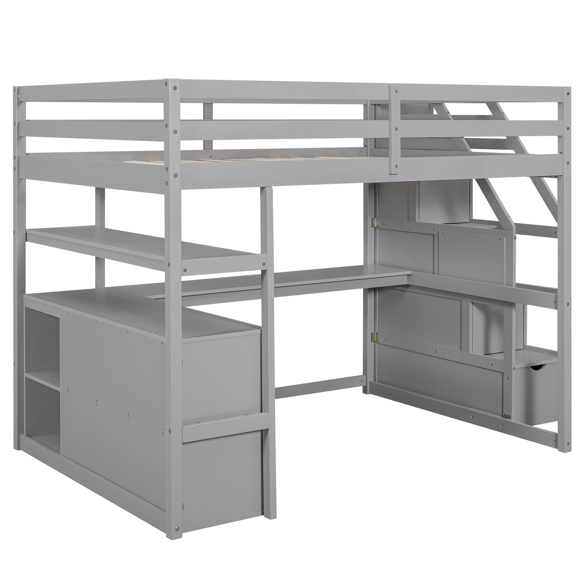 Full Size Loft Bed With Desk And Shelves, Two Built In Drawers, Storage Staircase, Gray Gray Pine