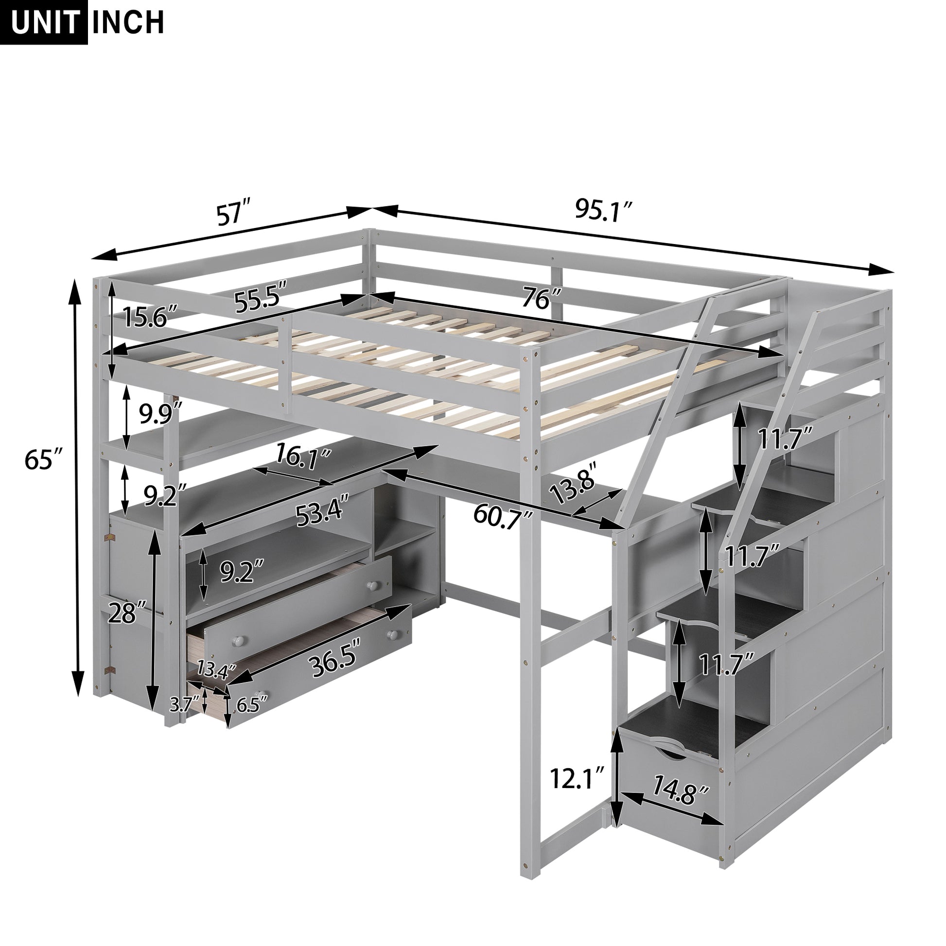 Full Size Loft Bed With Desk And Shelves, Two Built In Drawers, Storage Staircase, Gray Gray Pine