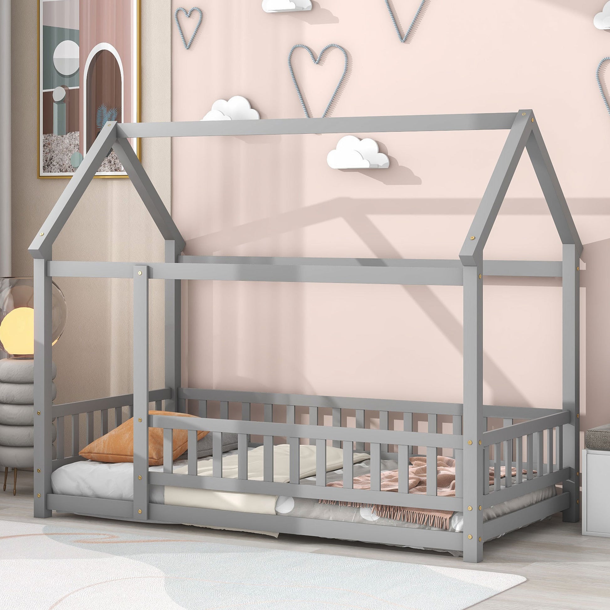 Twin Size Floor Wooden Bed With House Roof Frame, Fence Guardrails,Grey Old Sku:W1791106614 Twin Grey Pine