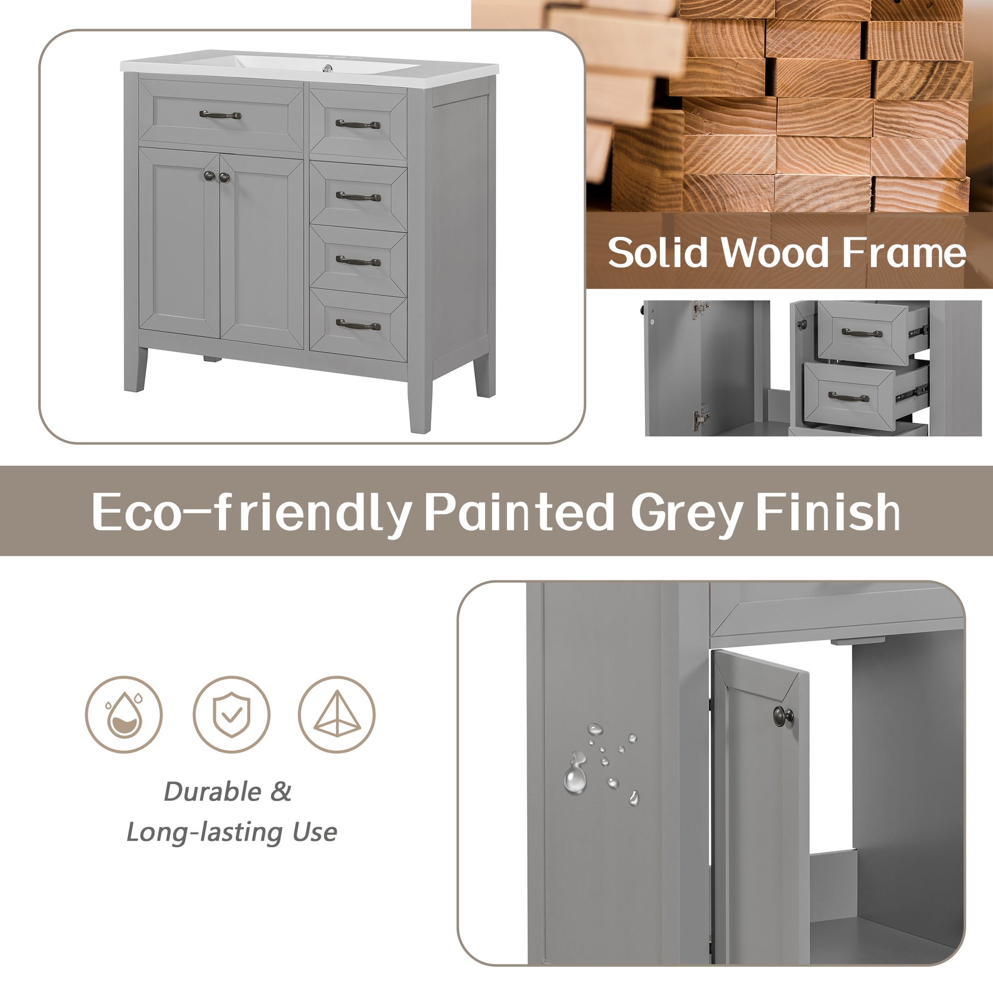 36" Bathroom Vanity With Sink Combo, Bathroom Cabinet With Drawers, Solid Frame And Mdf Board, Grey Old Sku:Jl000007Aae Grey Solid Wood Mdf