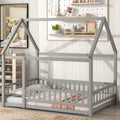 Full Size Floor Wooden Bed With House Roof Frame, Fence Guardrails ,Grey Full Grey Pine