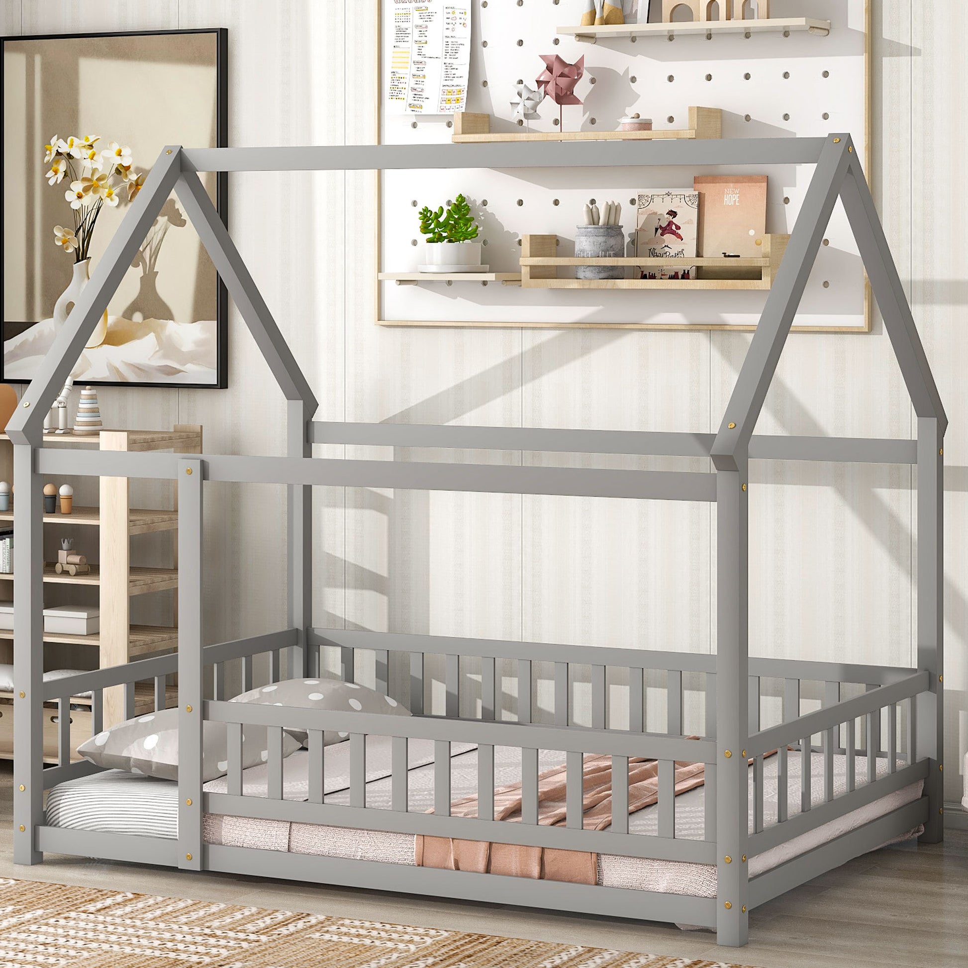 Full Size Floor Wooden Bed With House Roof Frame, Fence Guardrails ,Grey Full Grey Pine