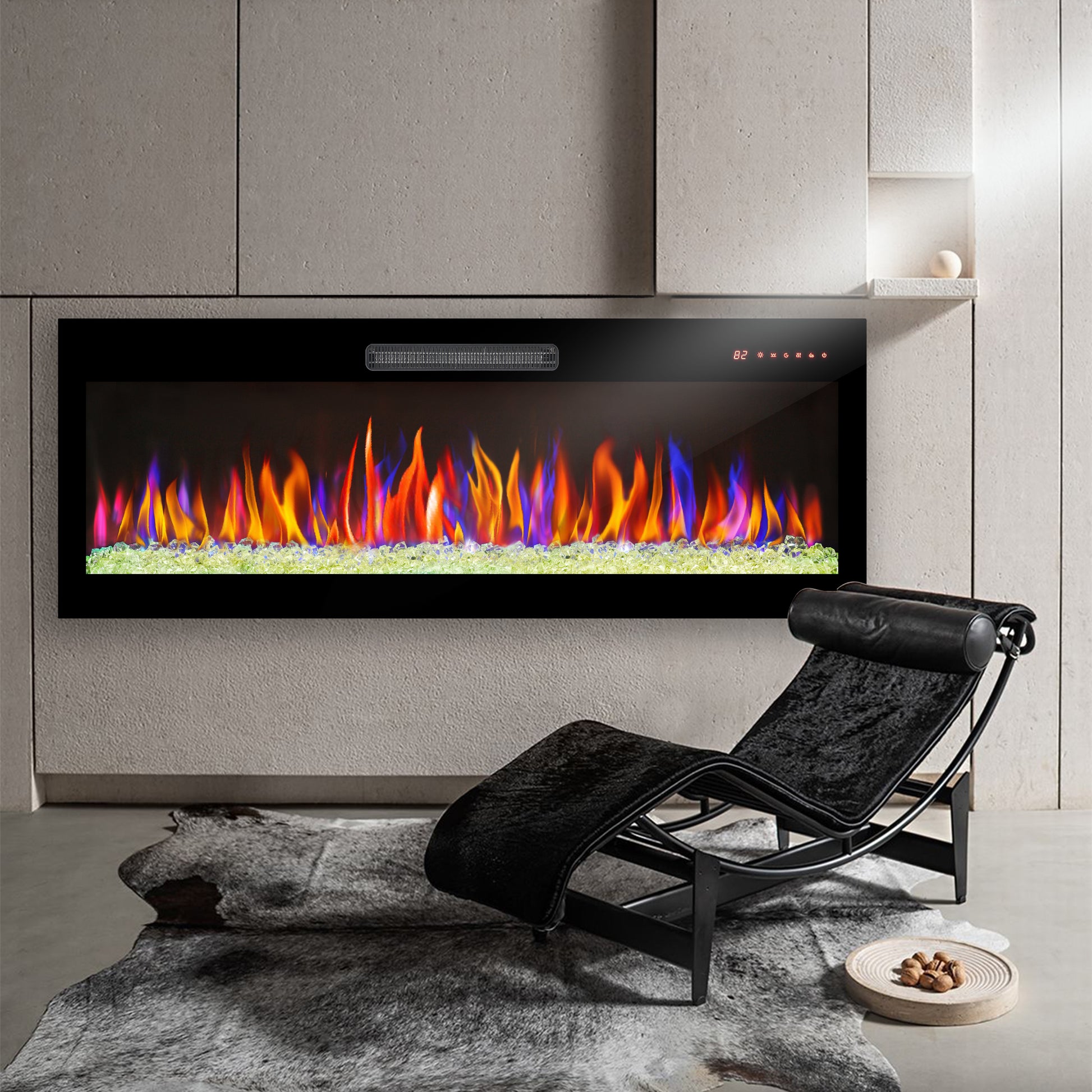 60 Inch Recessed Ultra Thin Tempered Glass Front Wall Mounted Electric Fireplace With Remote And Multi Color Flame & Emberbed, Led Light Heater Powder Coated Electric Antique Black Vent Free Yes Tempered Glass Sheet Metal Plastic Electric