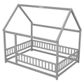 Full Size Floor Wooden Bed With House Roof Frame, Fence Guardrails ,Grey Full Grey Pine
