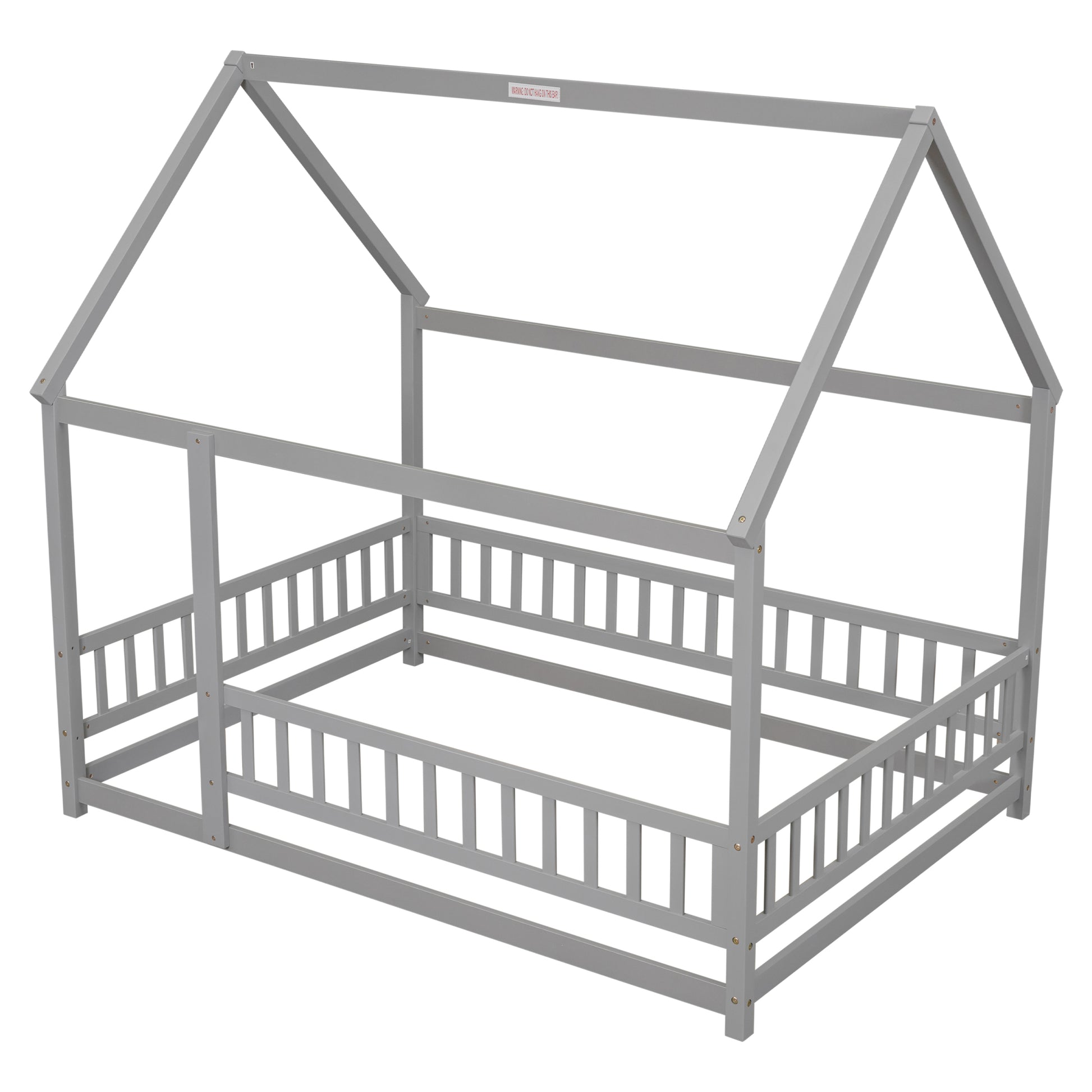 Full Size Floor Wooden Bed With House Roof Frame, Fence Guardrails ,Grey Full Grey Pine