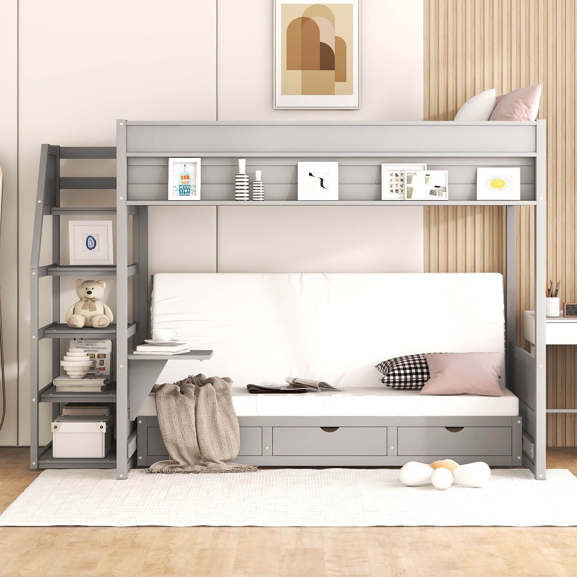 Wood Full Size Convertible Bunk Bed With Storage Staircase, Bedside Table, And 3 Drawers, Gray Gray Solid Wood Mdf