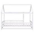 Twin Size Floor Wooden Bed With House Roof Frame, Fence Guardrails,White Old Sku:W1791106615 Twin White Pine