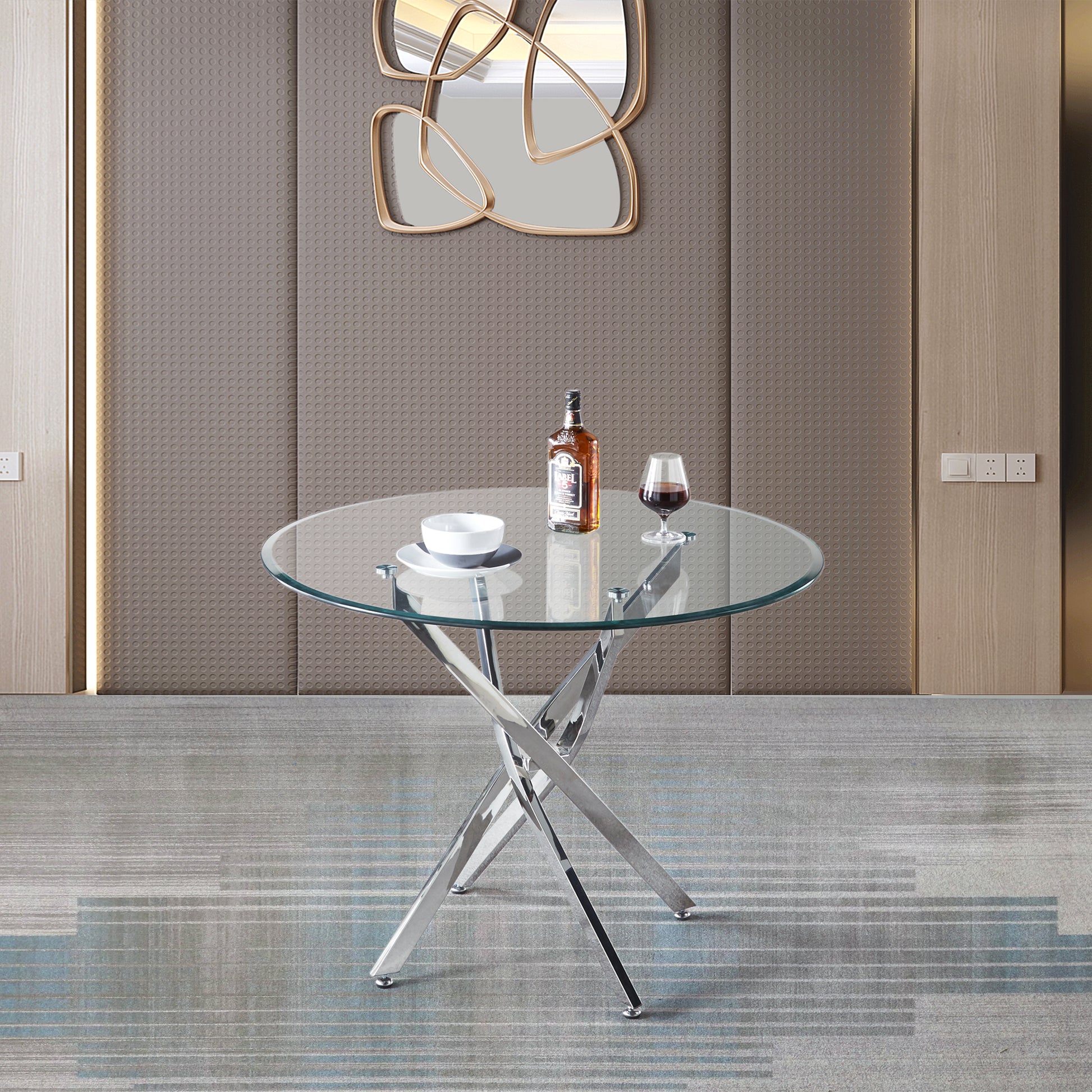 Contemporary Round Clear Dining Tempered Glass Table With Silver Finish Stainless Steel Legs Silver Tempered Glass