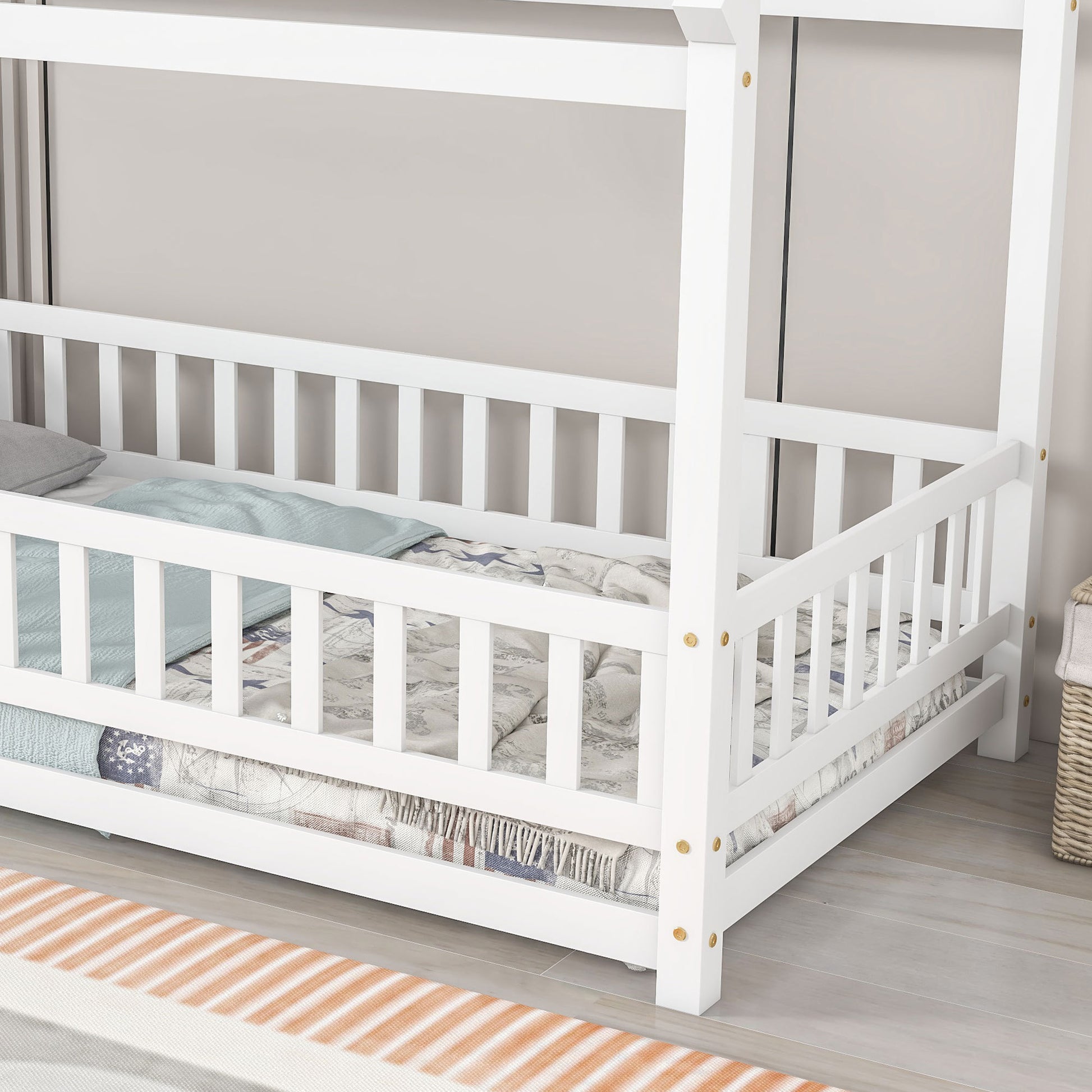 Twin Size Floor Wooden Bed With House Roof Frame, Fence Guardrails,White Old Sku:W1791106615 Twin White Pine