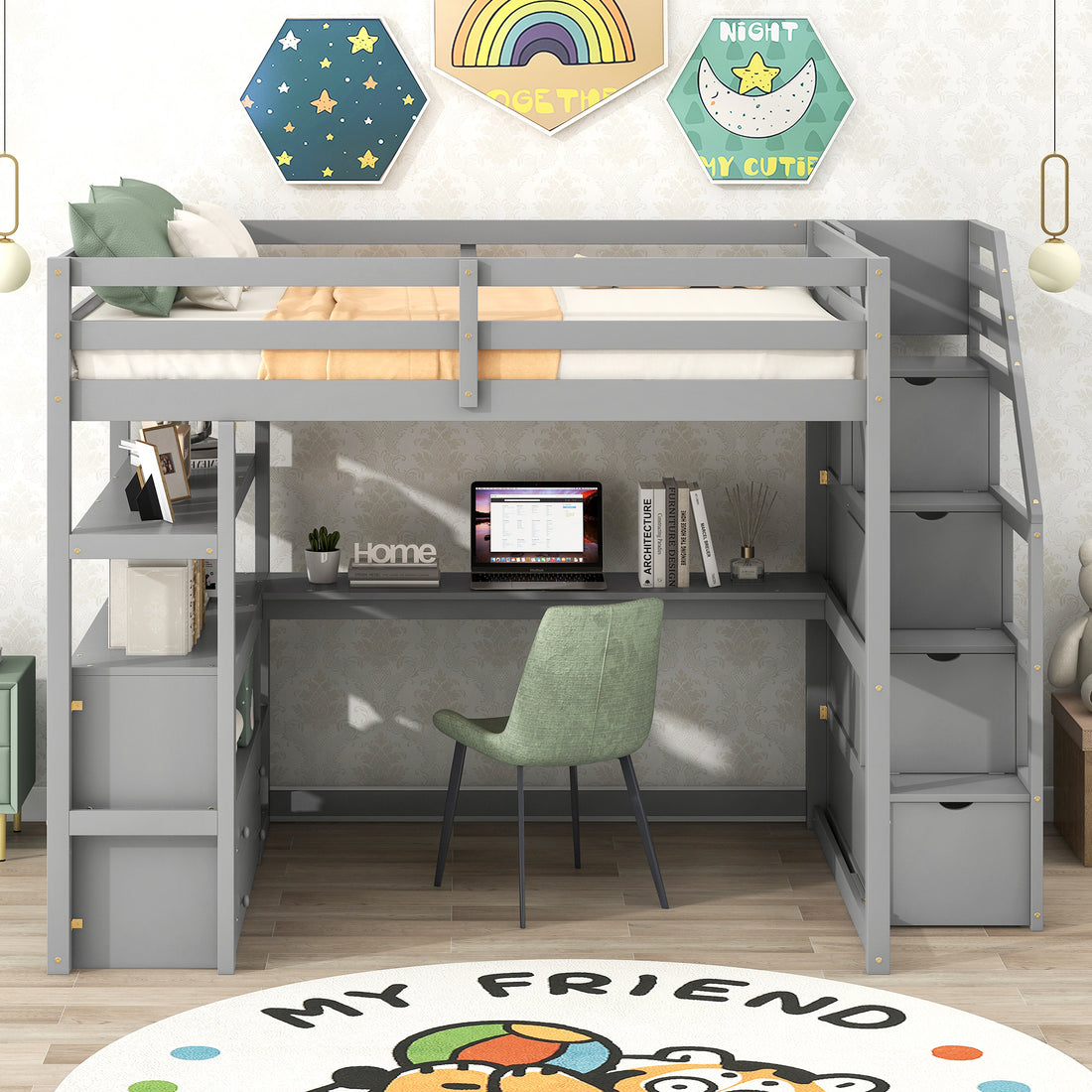 Full Size Loft Bed With Desk And Shelves, Two Built In Drawers, Storage Staircase, Gray Gray Pine