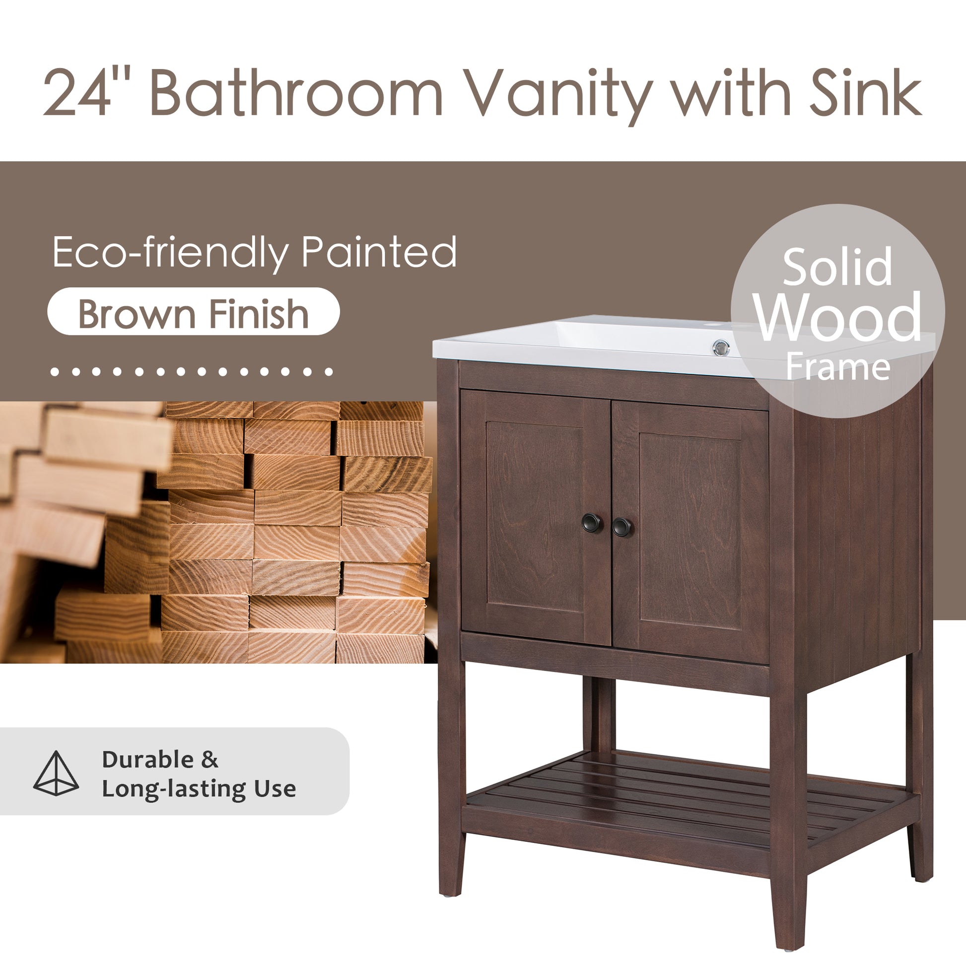 Video 24" Brown Modern Sleek Bathroom Vanity Elegant Ceramic Sink With Solid Wood Frame Open Style Shelf Old Sku: Jl000004Aad Brown Solid Wood Mdf