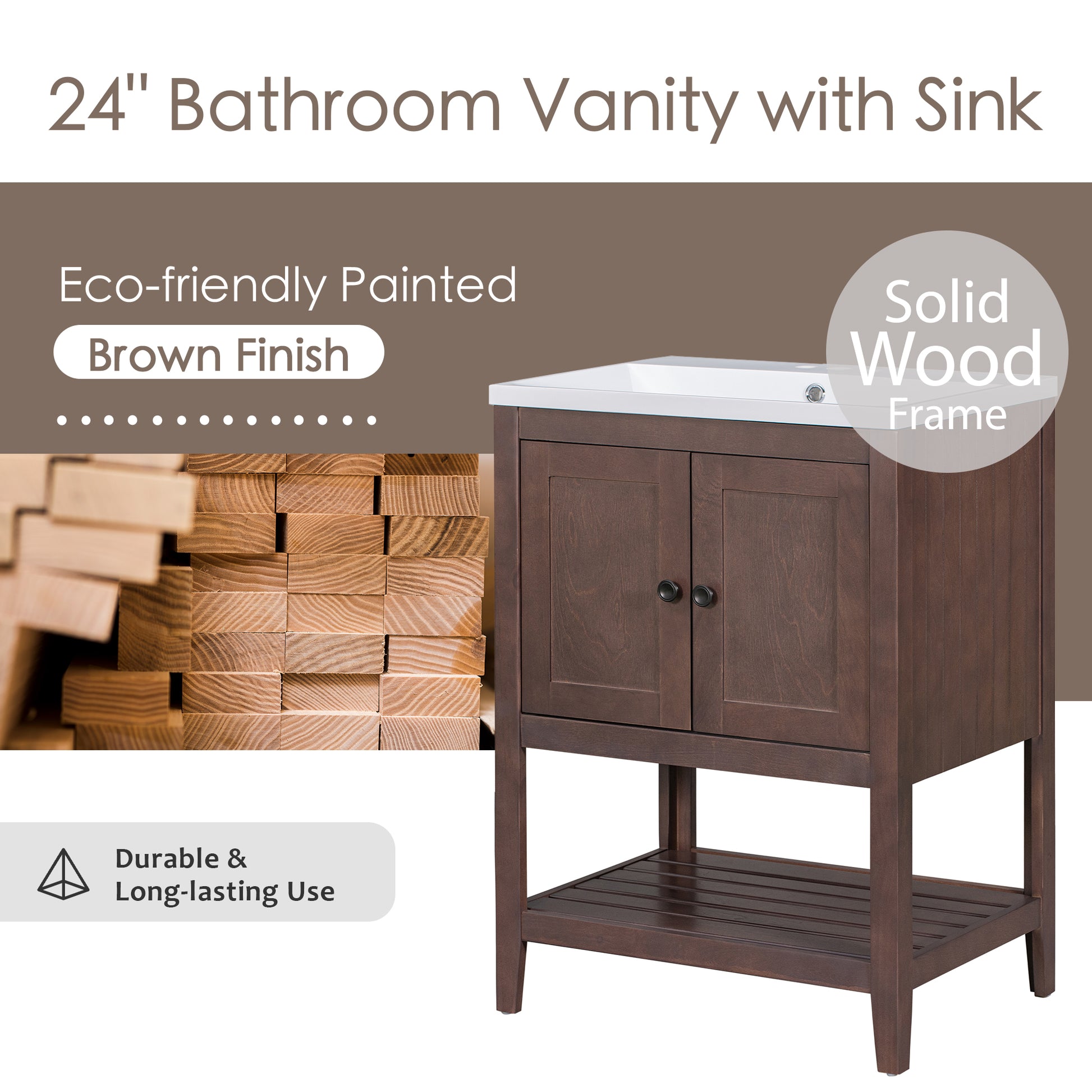 Video 24" Brown Modern Sleek Bathroom Vanity Elegant Ceramic Sink With Solid Wood Frame Open Style Shelf Brown Solid Wood Mdf