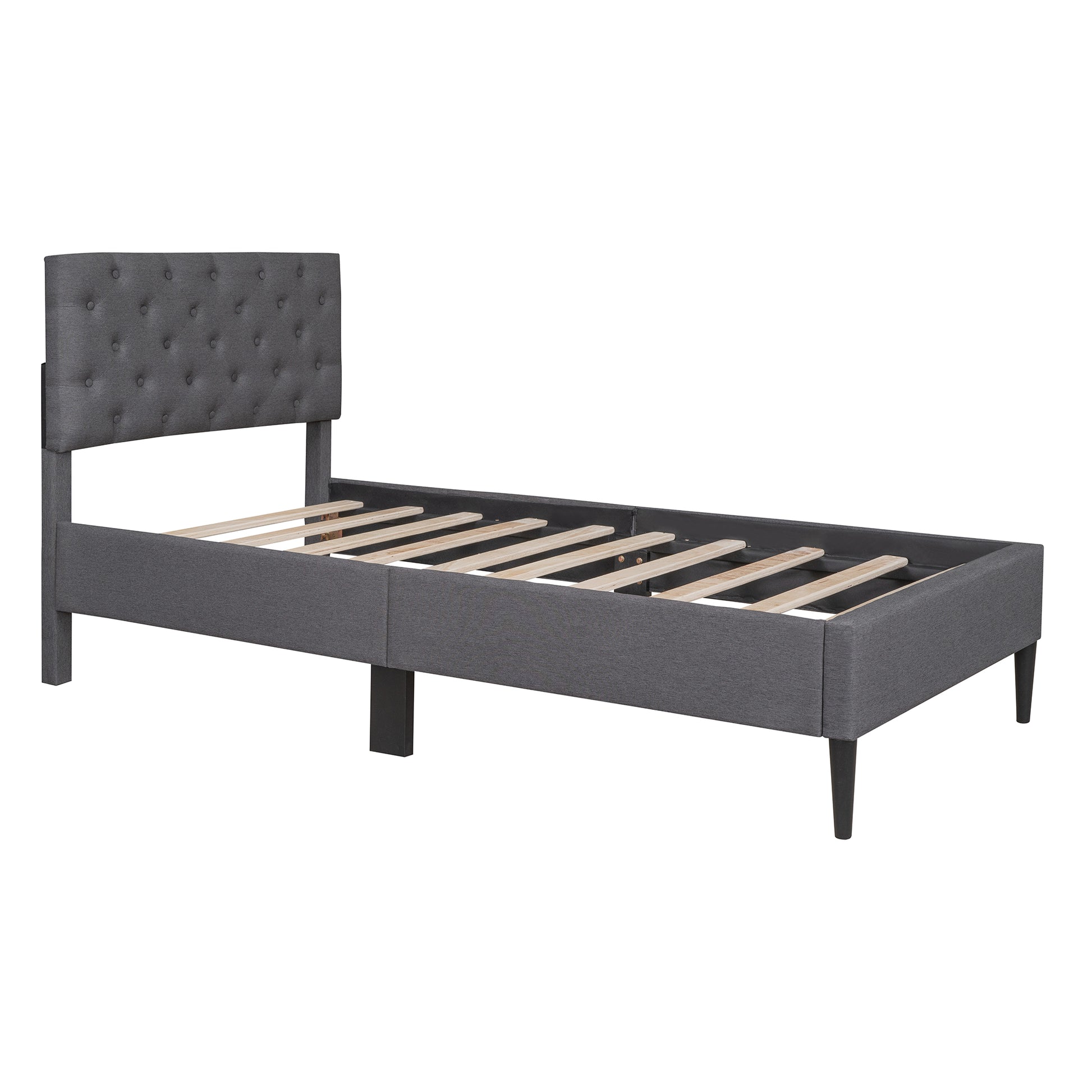 Upholstered Linen Platform Bed, Twin Size, Gray Gray Linen