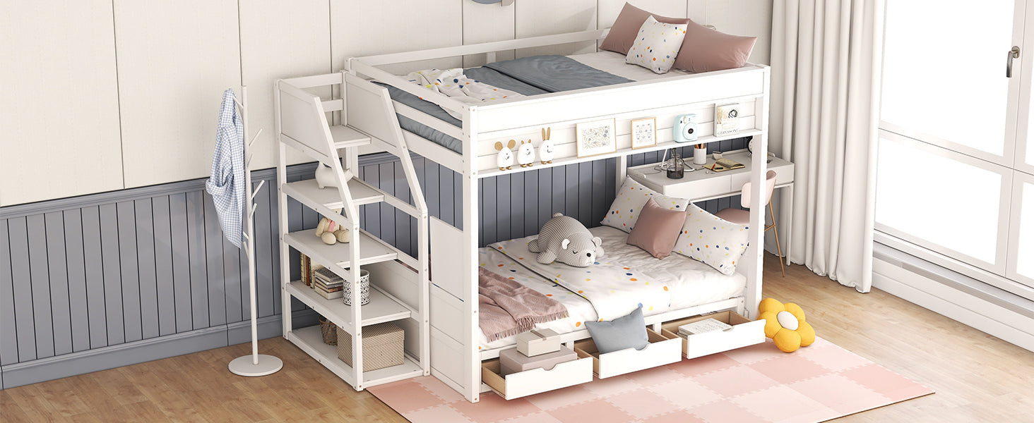 Wood Full Size Convertible Bunk Bed With Storage Staircase, Bedside Table, And 3 Drawers, White White Solid Wood Mdf