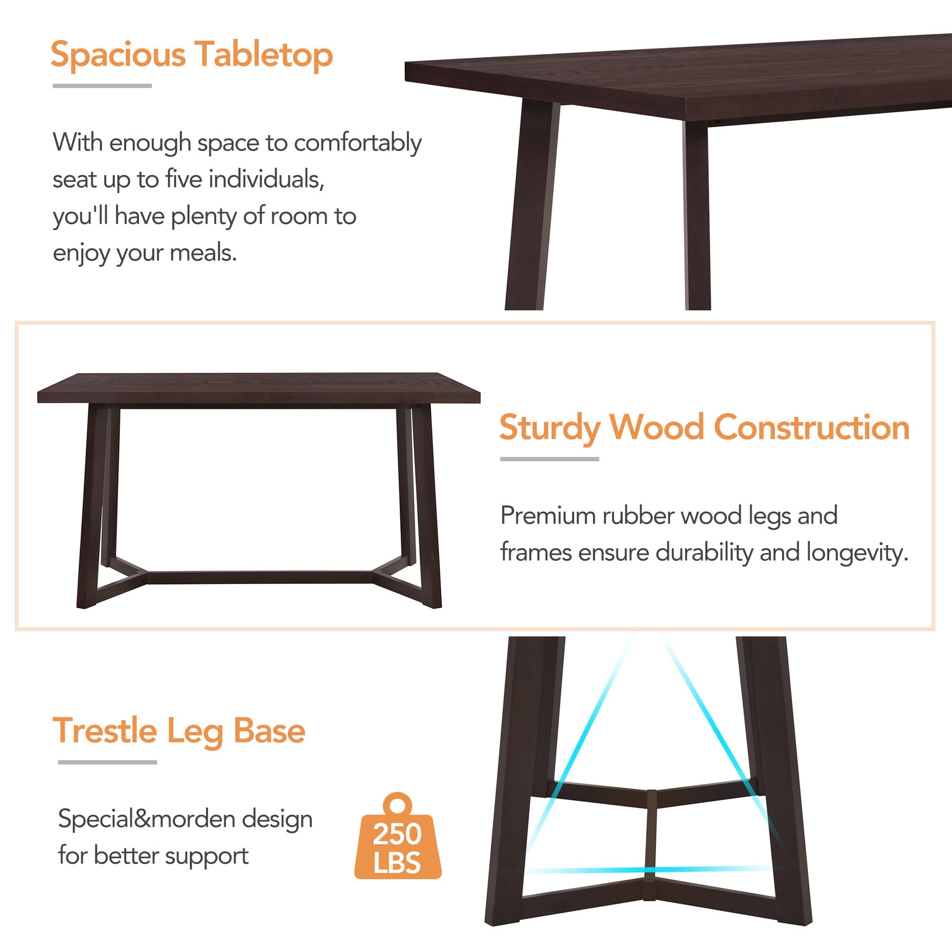 Farmhouse 6 Piece Wood Dining Table Set With 4 Upholstered Chairs And Bench, Dark Brown Brown Wood Dining Room Bench Seating Rubberwood Rectangular Dining Table With Chair And Bench Upholstered Chair Wood Dark Brown Solid Back Seats 6 Farmhouse Trestle