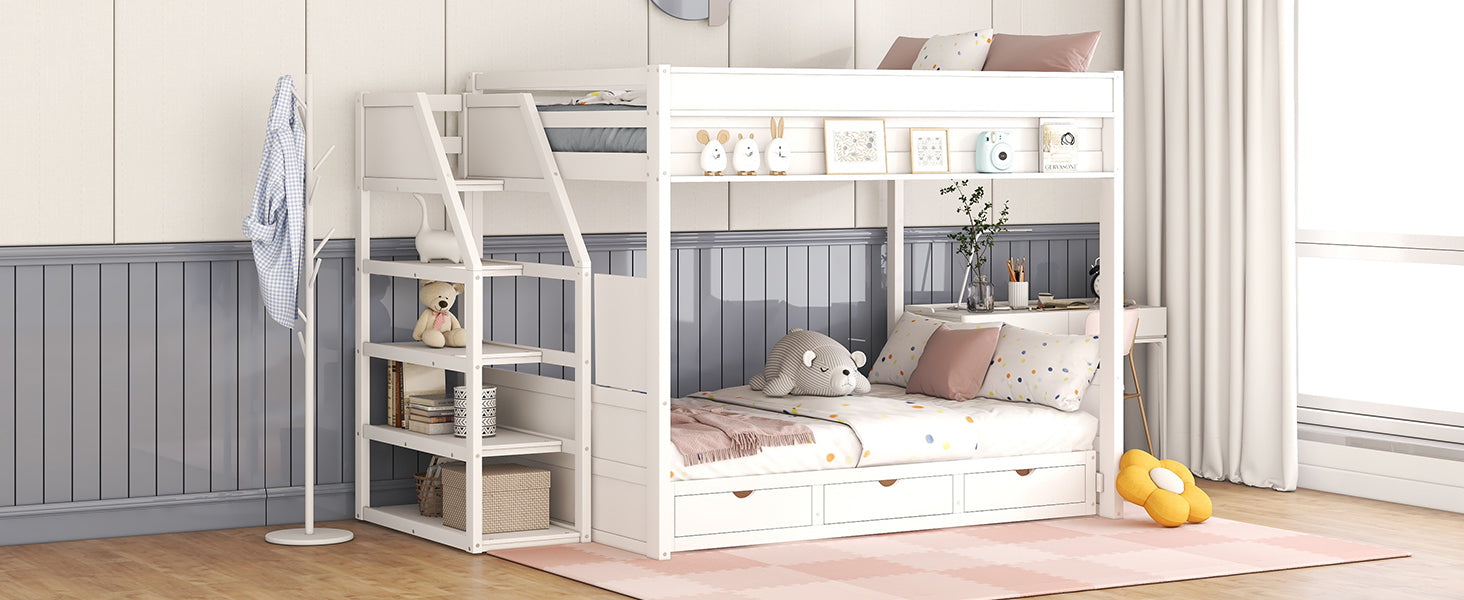 Wood Full Size Convertible Bunk Bed With Storage Staircase, Bedside Table, And 3 Drawers, White White Solid Wood Mdf