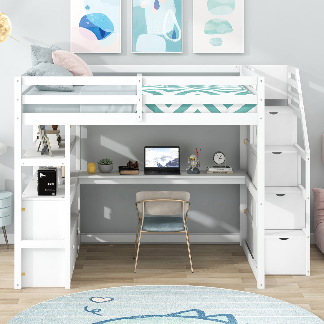 Full Size Loft Bed With Desk And Shelves, Two Built In Drawers, Storage Staircase, White White Pine