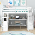 Full Size Loft Bed With Desk And Shelves, Two Built In Drawers, Storage Staircase, White White Pine