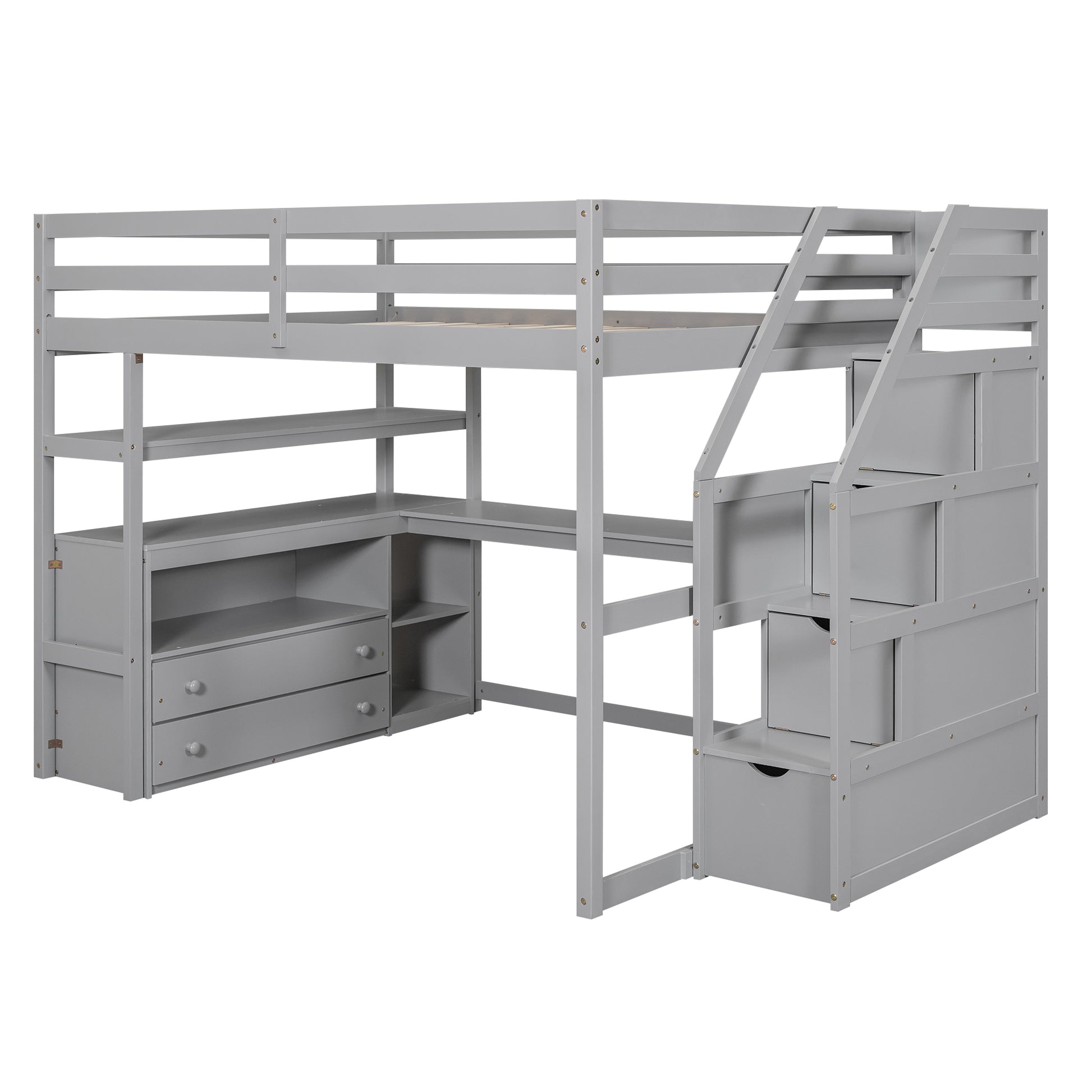 Full Size Loft Bed With Desk And Shelves, Two Built In Drawers, Storage Staircase, Gray Gray Pine