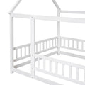 Full Size Floor Wooden Bed With House Roof Frame, Fence Guardrails ,White Full White Pine