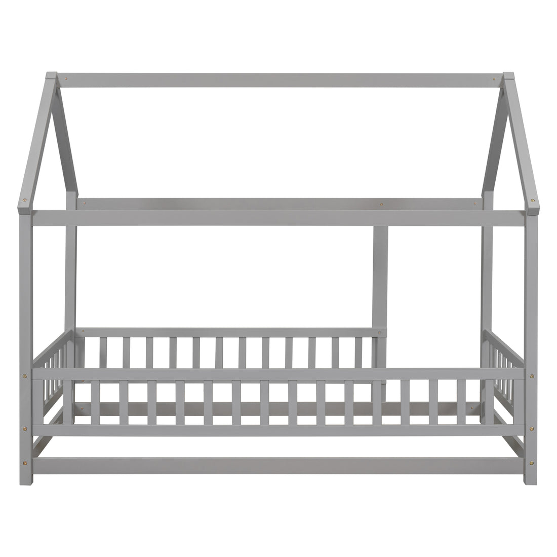 Twin Size Floor Wooden Bed With House Roof Frame, Fence Guardrails,Grey Old Sku:W1791106614 Twin Grey Pine