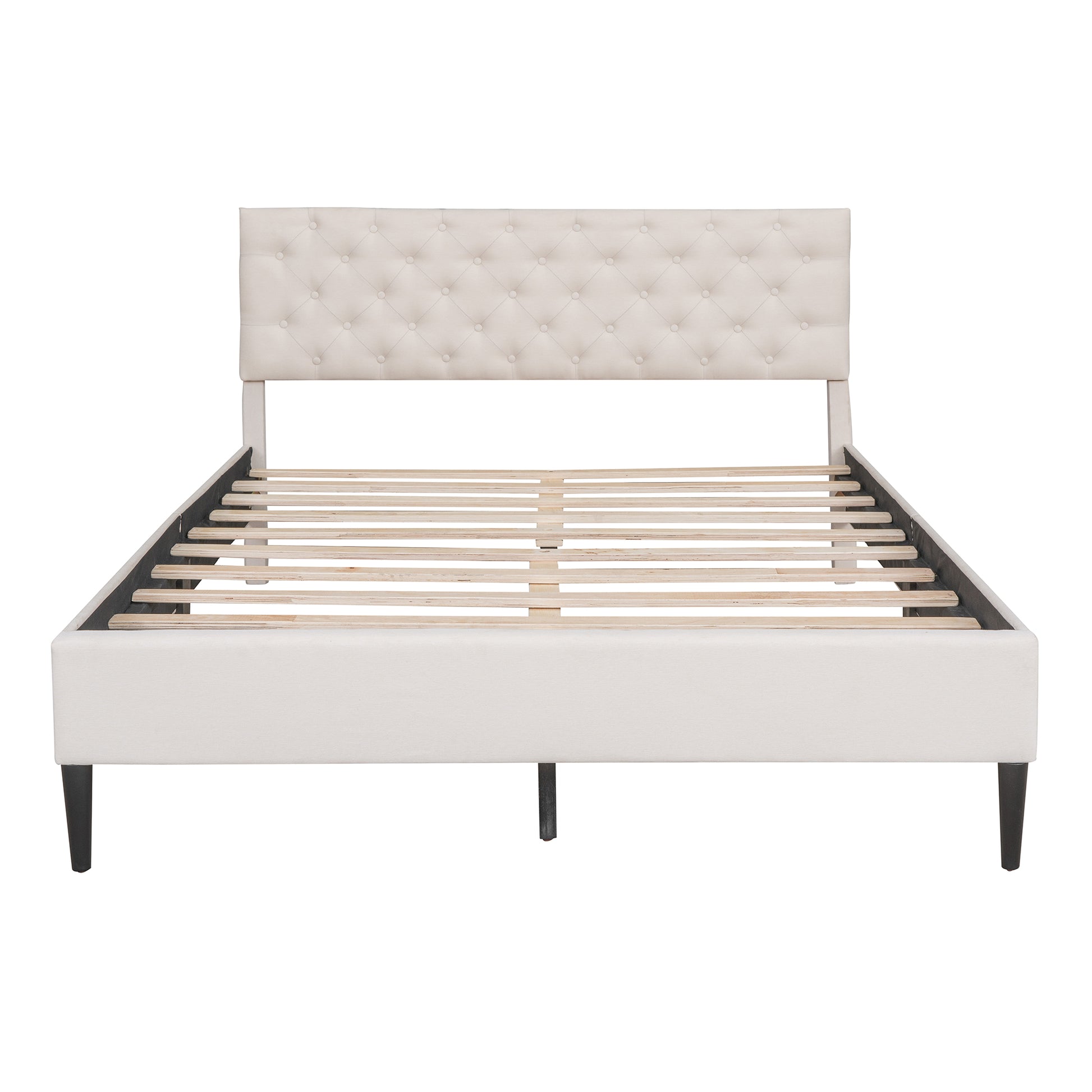 Upholstered Linen Platform Bed, Queen Size, Beige Beige Linen