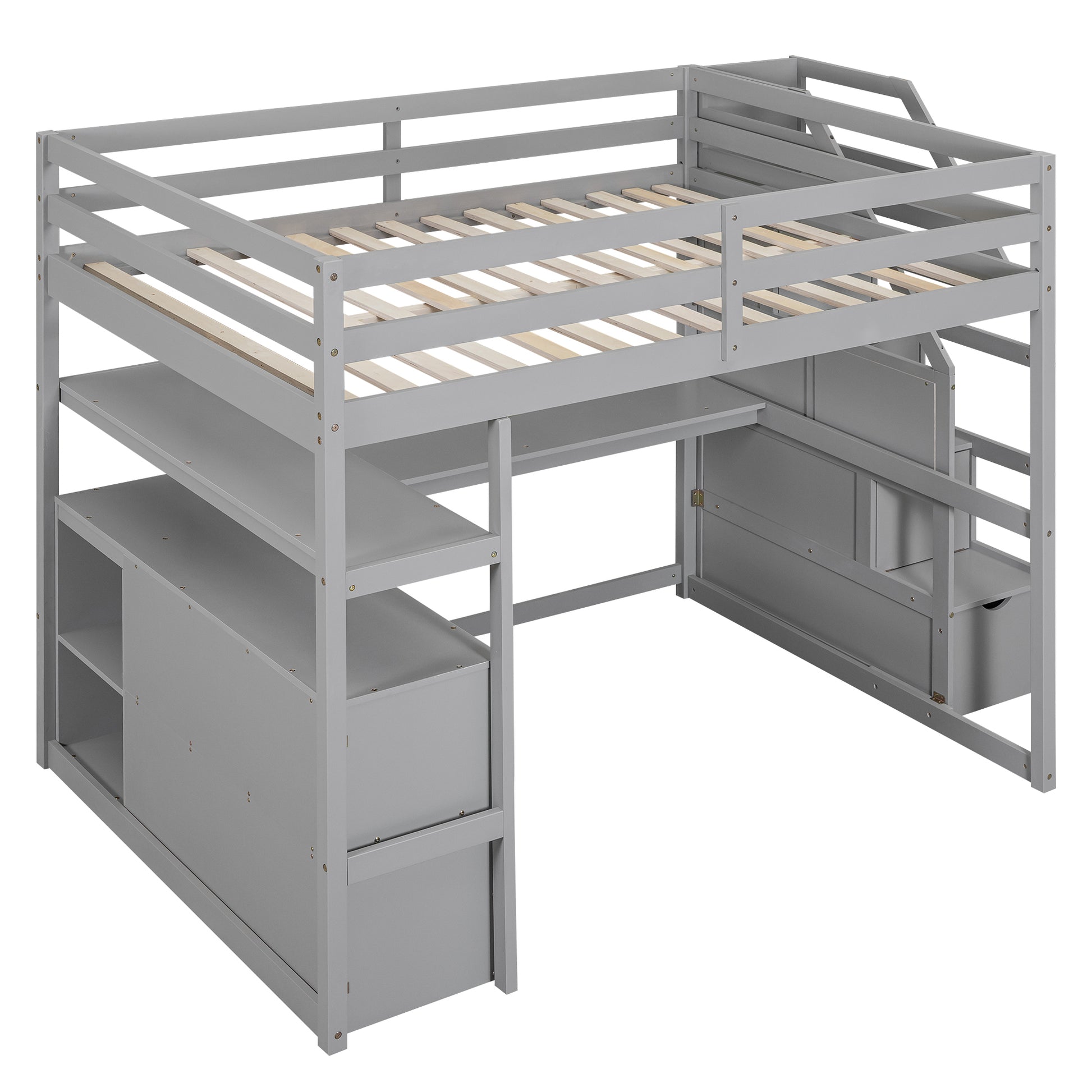 Full Size Loft Bed With Desk And Shelves, Two Built In Drawers, Storage Staircase, Gray Gray Pine