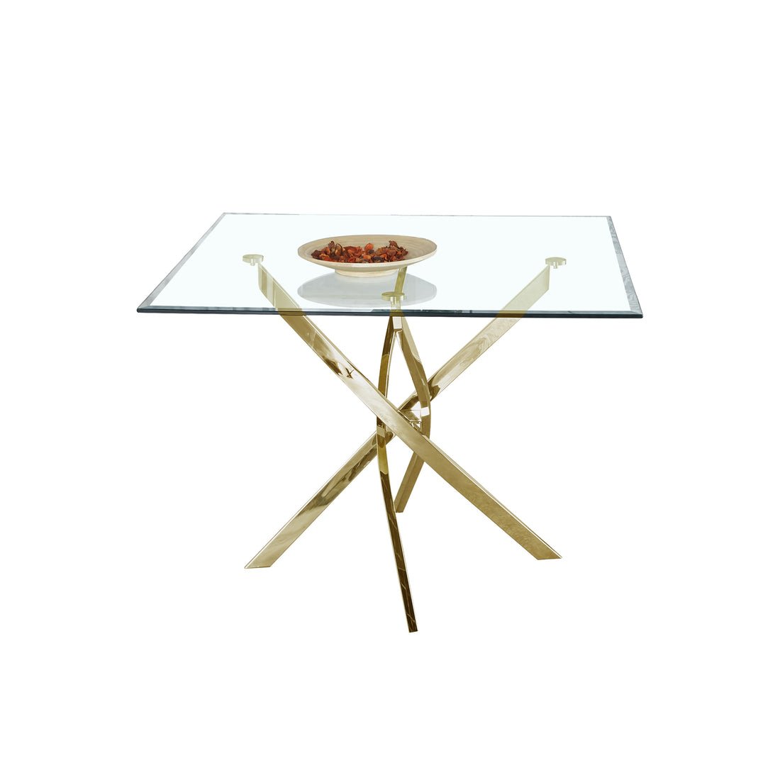 Contemporary Square Clear Dining Tempered Glass Table With Gold Finish Stainless Steel Legs Gold Tempered Glass