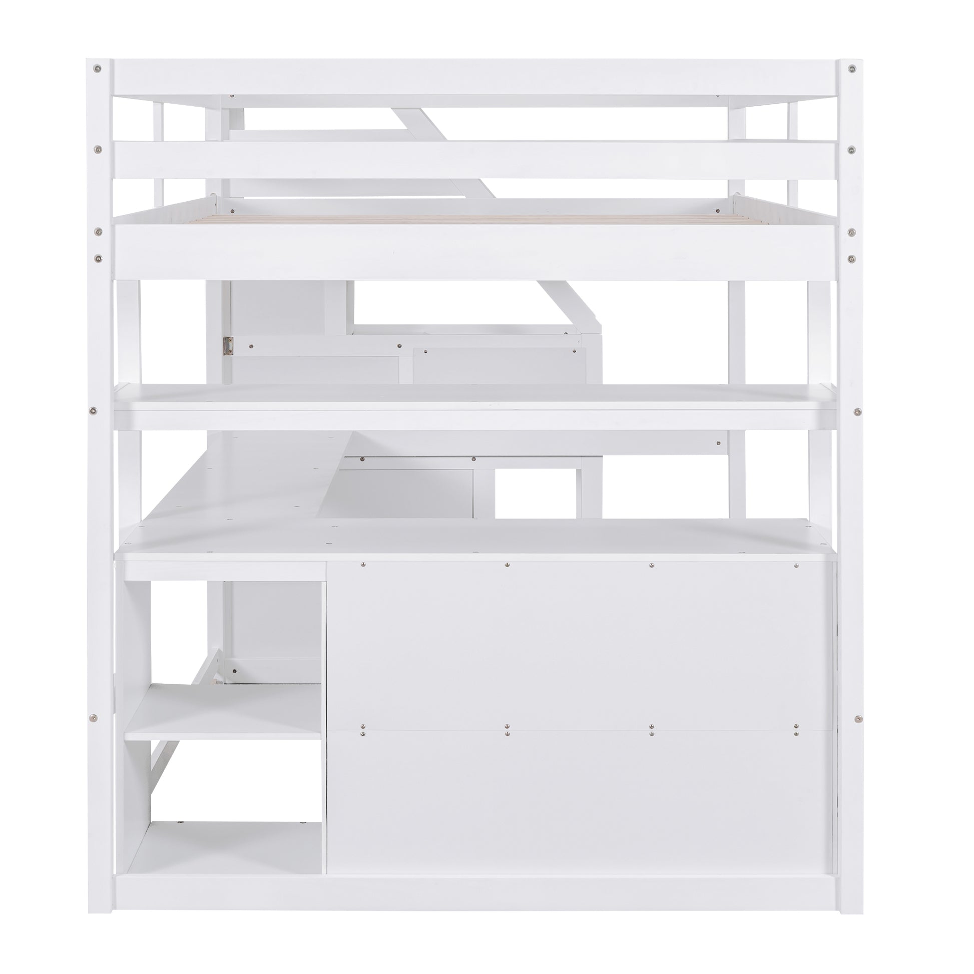 Full Size Loft Bed With Desk And Shelves, Two Built In Drawers, Storage Staircase, White White Pine