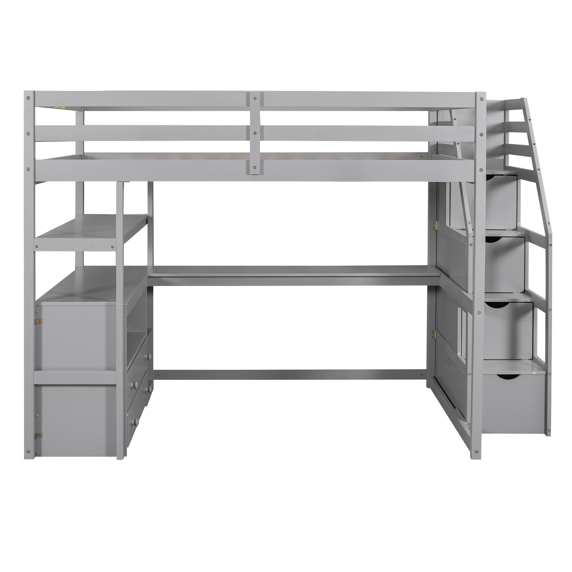 Full Size Loft Bed With Desk And Shelves, Two Built In Drawers, Storage Staircase, Gray Gray Pine