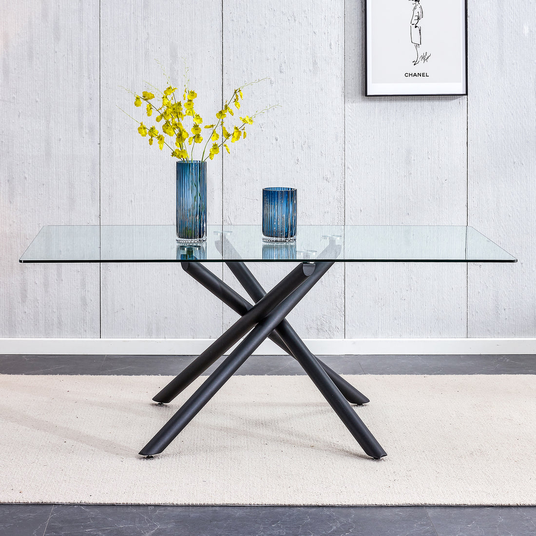 Large Modern Minimalist Rectangular Glass Dining Table For 6 8 With 0.39" Tempered Glass Tabletop And Black Color Metal Legs, For Kitchen Dining Living Meeting Room Banquet Hall,71" W X 39" D X 301537 Black Glass