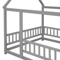 Full Size Floor Wooden Bed With House Roof Frame, Fence Guardrails ,Grey Full Grey Pine